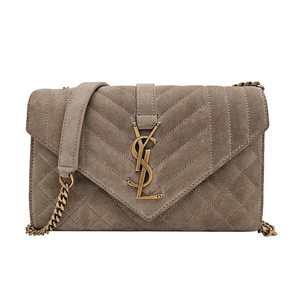 Saint Laurent Small Suede Tri-Quilt Envelope Flap Crossbody Bag Tan - Picture 1 of 10